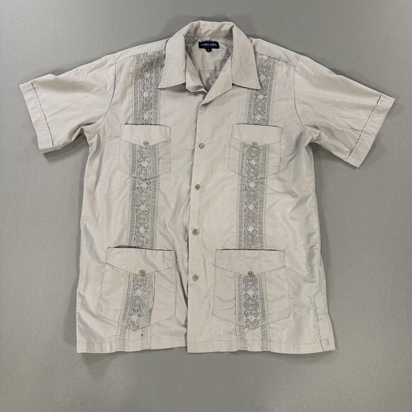 First Line Other - First Line Shirt Mens Large Beige Short Sleeve Button‎ Up Guayabera Embroidered